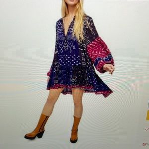 Free People Shibori Tunic Top Dress Boho Ruffled Raw Hem Size Small